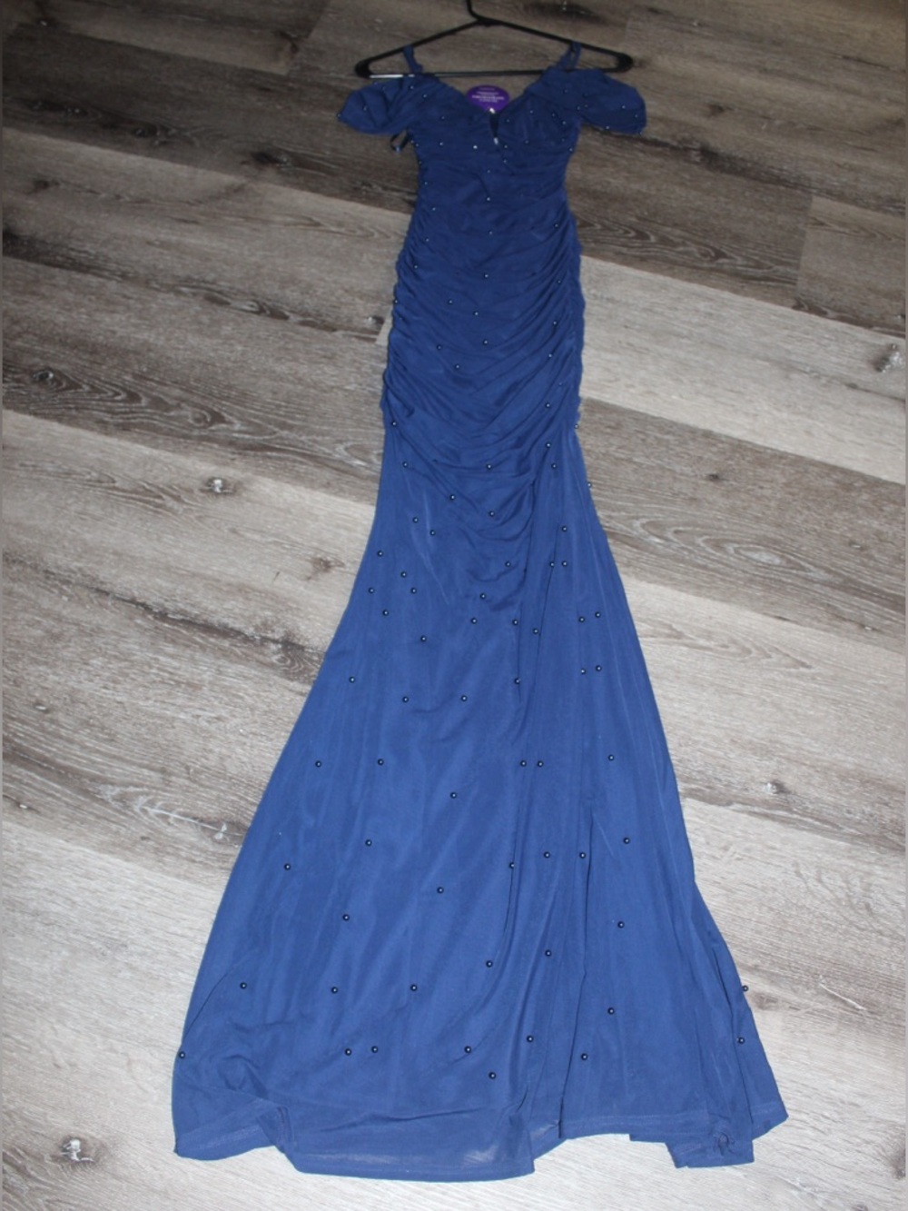 Windsor Royal Blue Off-Shoulder Beaded Prom Gown